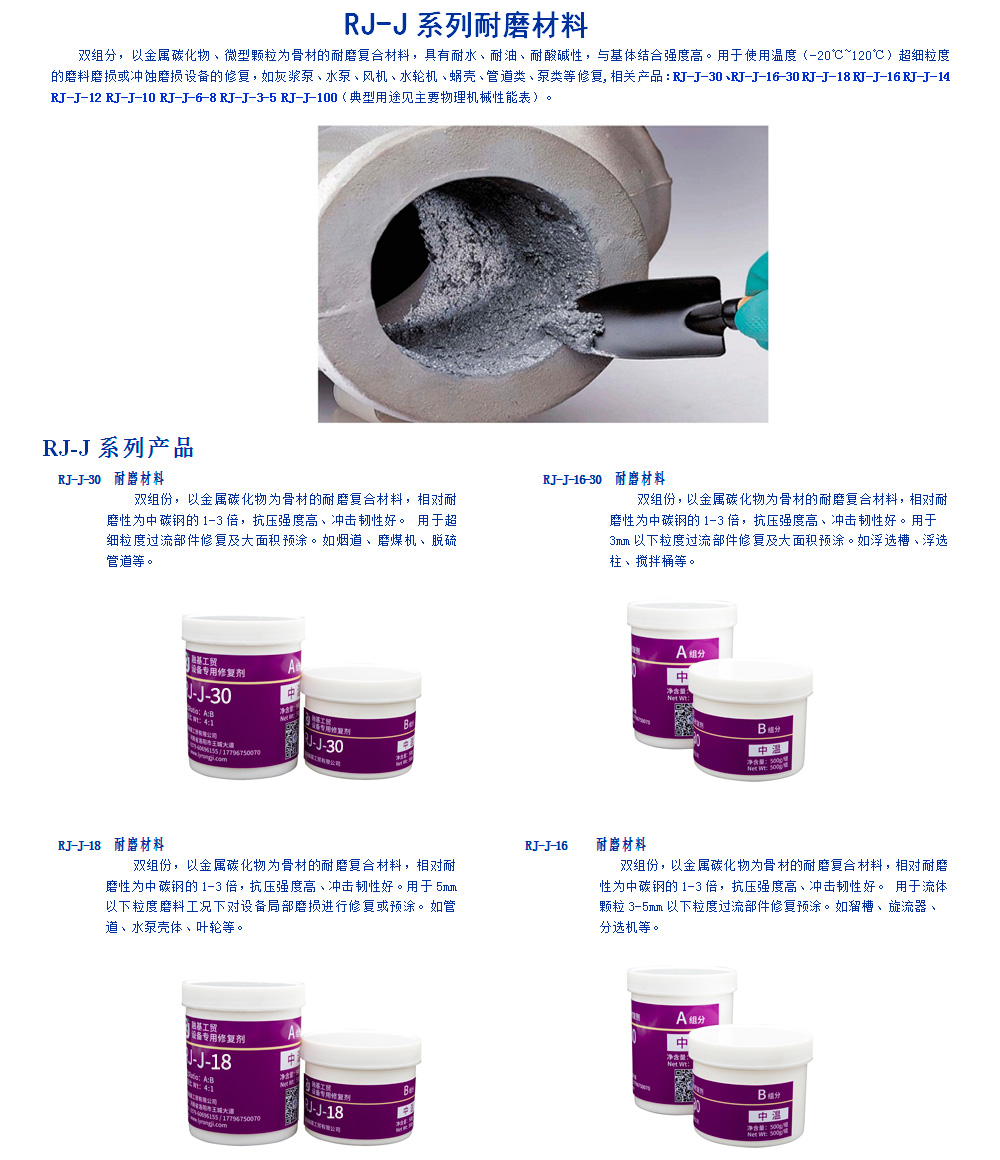 RJ-中温系列耐磨材料双组分，以陶瓷、金属碳化物、微型颗粒为骨材的耐磨复合材料，具有耐水、耐油、耐酸碱性，与基体结合强度高。用于使用温度（-60℃~120℃）超细粒度的磨料磨损或冲蚀磨损设备的修复，如灰浆泵、水泵、风机、水轮机、蜗壳、管道类、泵类等修复（典型用途见主要物理机械性能表）。